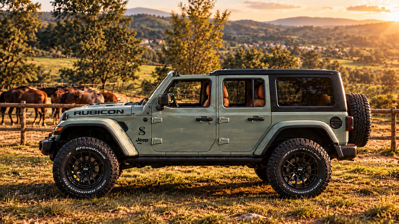 Un Jeep Wrangler Rubicon verde claro, de perfil, ante una valla con caballos al atardecer