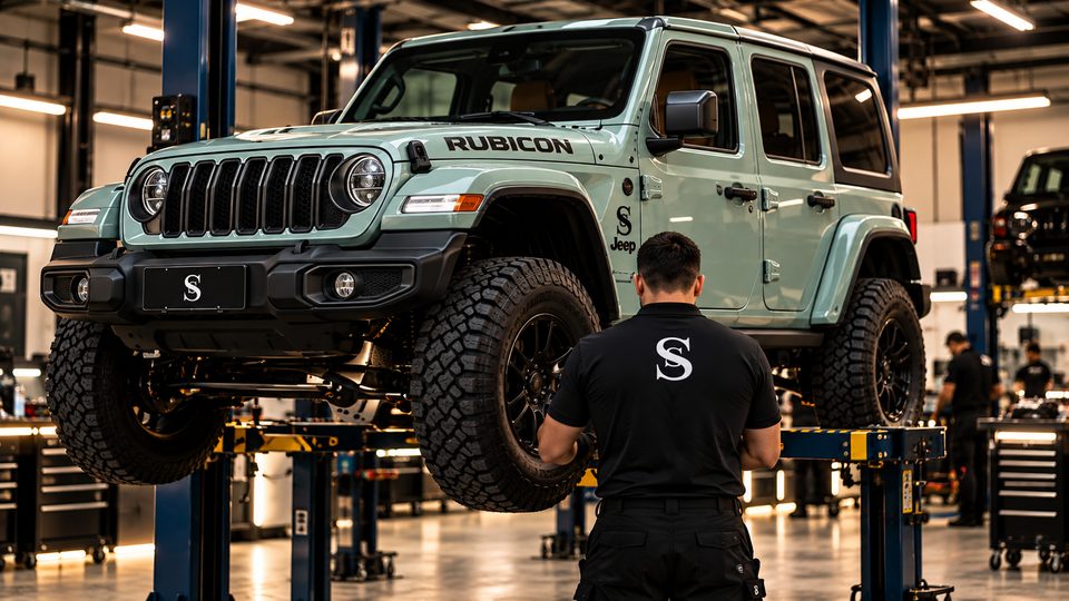 Un mecánico de SS Performance con un Jeep Wrangler en el elevador