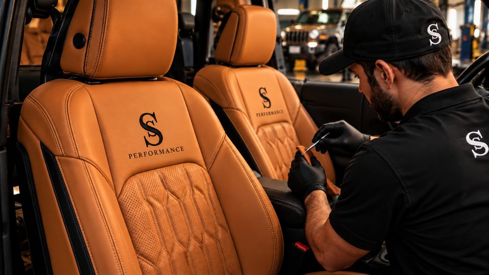 Un artesano tapizando un asiento de cuero con la S de la marca