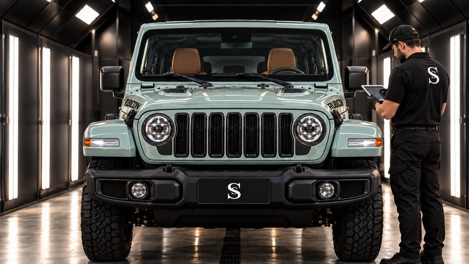 Un Jeep Wrangler en la cabina de inspección final