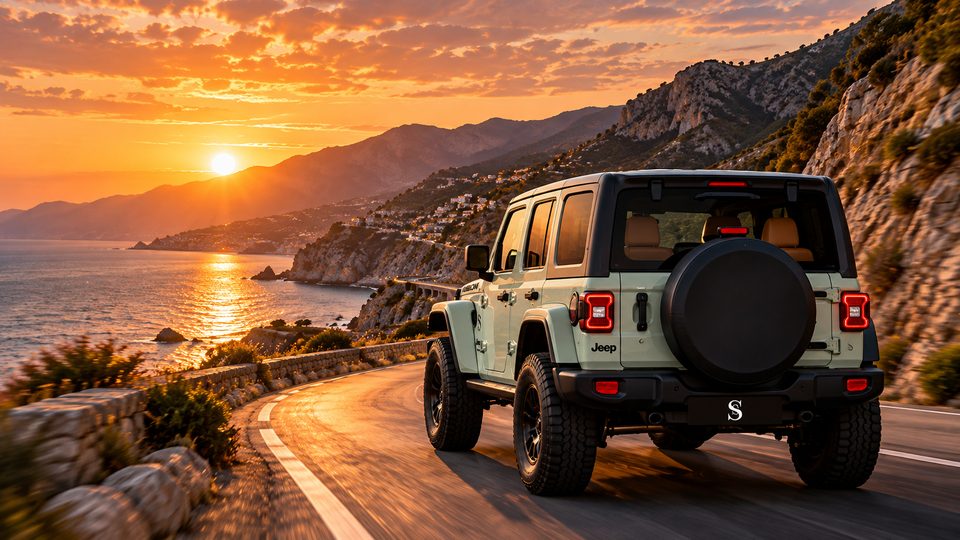 Un Jeep Wrangler en una carretera costera al atardecer