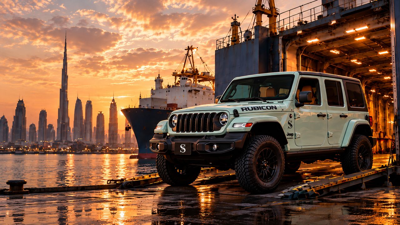 Un Jeep Wrangler saliendo de un buque de carga en el puerto de Dubái al atardecer