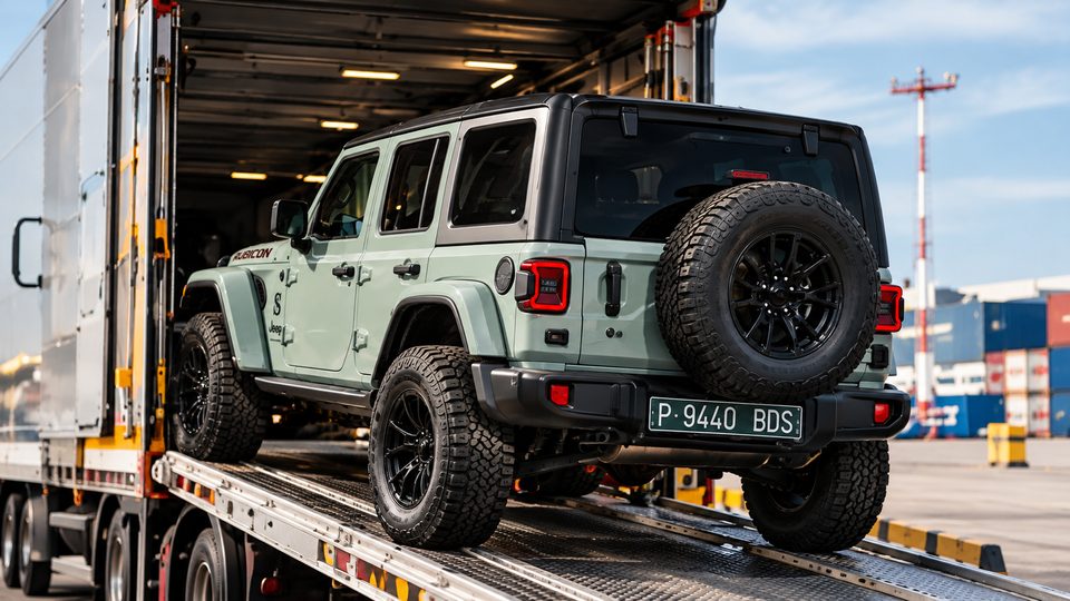Llegada a España: el Jeep sobre el camión de transporte