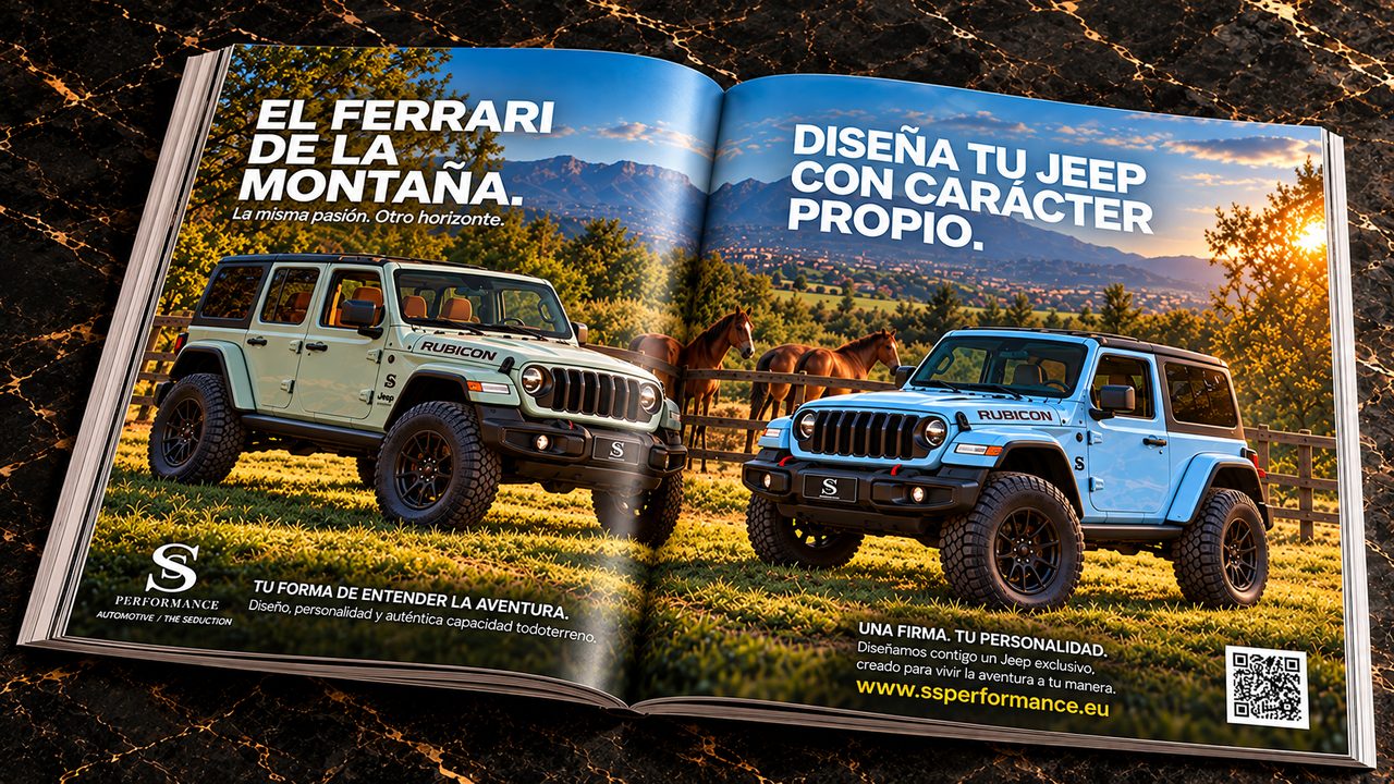 Doble página de SS Performance en la revista Ferrari: dos Jeep Wrangler, uno verde y otro azul, en un prado con caballos